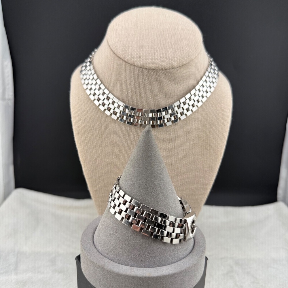 Vintage Estate Necklace Bracelet Set Silver Tone Basketweave Wide Chain 16in 7in